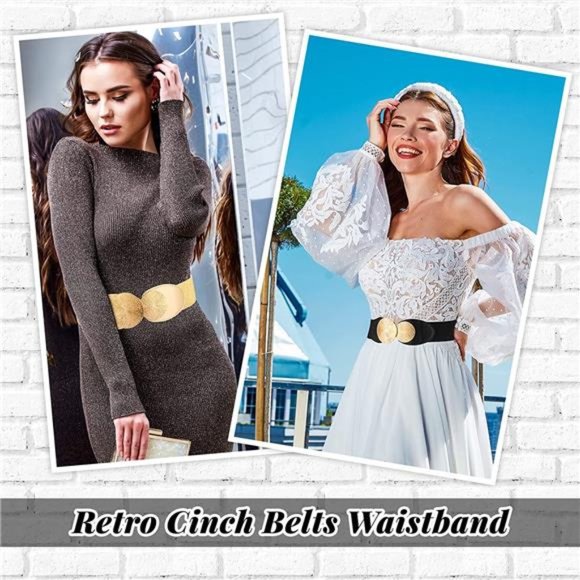 Leyndo 2 Pcs Elastic Vintage Belts Retro Wide Waist Belt Stretchy Cinch Buckle main image 5